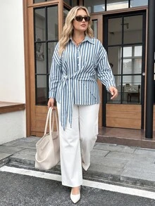 SHEIN LUNE Große Größen Weiß Knopf Langarm Business Taillen-betonendes Hemd für Büroarbeit Formell Herbst Lässig Normal Herbst - Blau - Übersicht 4