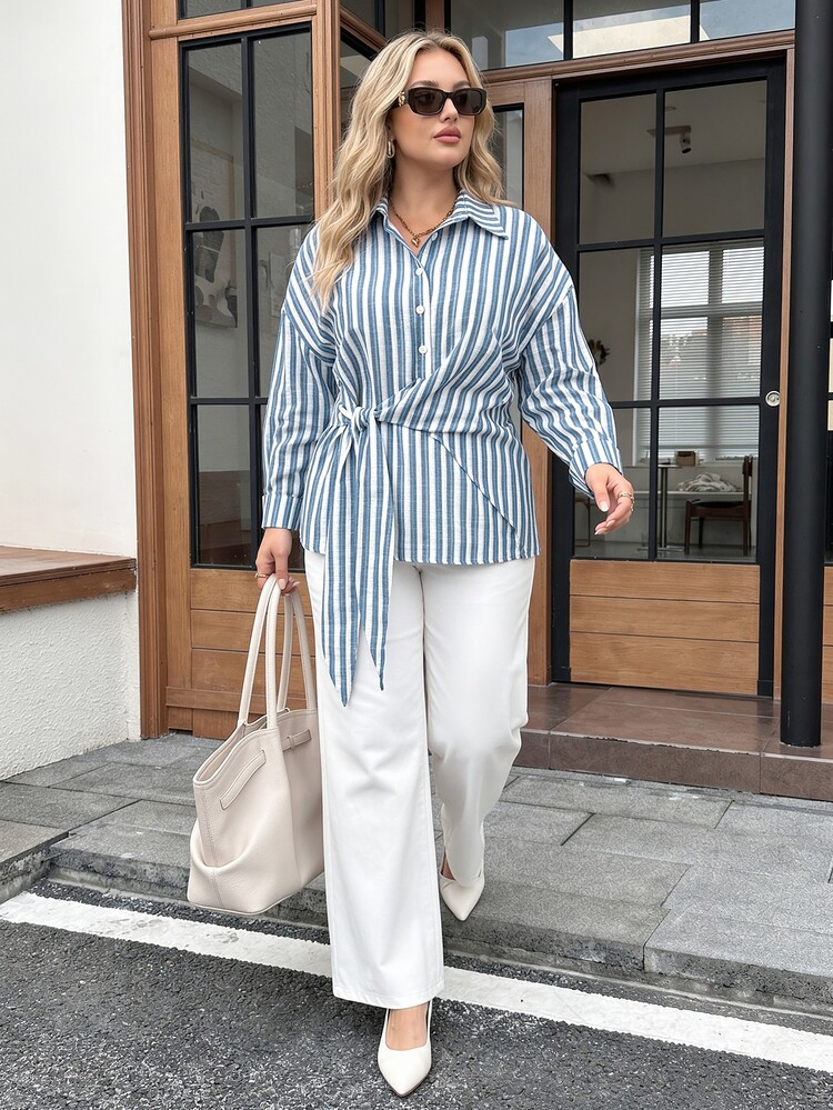 SHEIN LUNE Plus Size Blue And White Button Long Sleeve Business Waist-Cinching Shirt For Office Formal Vacation Work Autumn Casual Sailor Normal Fall - Blue - View 4