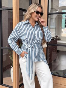 SHEIN LUNE Große Größen Weiß Knopf Langarm Business Taillen-betonendes Hemd für Büroarbeit Formell Herbst Lässig Normal Herbst - Blau - Übersicht 3