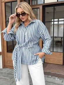 SHEIN LUNE Große Größen Weiß Knopf Langarm Business Taillen-betonendes Hemd für Büroarbeit Formell Herbst Lässig Normal Herbst - Blau - Übersicht 6