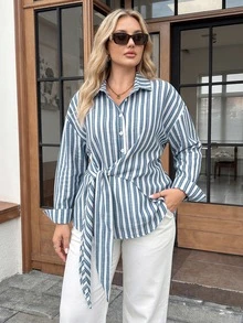 SHEIN LUNE Große Größen Weiß Knopf Langarm Business Taillen-betonendes Hemd für Büroarbeit Formell Herbst Lässig Normal Herbst - Blau - Übersicht 5