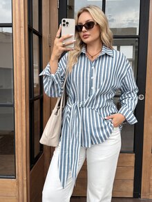 SHEIN LUNE Große Größen Weiß Knopf Langarm Business Taillen-betonendes Hemd für Büroarbeit Formell Herbst Lässig Normal Herbst - Blau - Übersicht 1