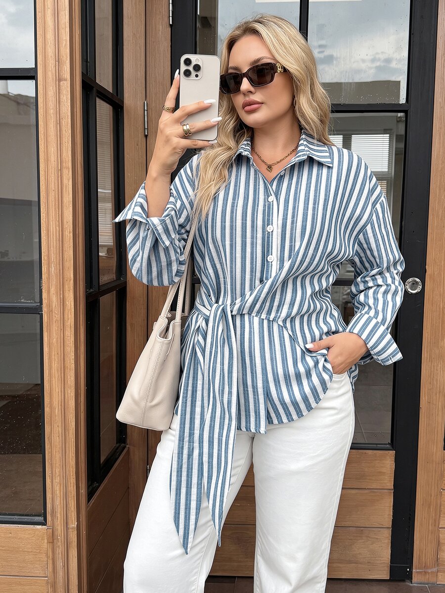 SHEIN LUNE Große Größen Weiß Knopf Langarm Business Taillen-betonendes Hemd für Büroarbeit Formell Herbst Lässig Normal Herbst - Blau - Übersicht 1