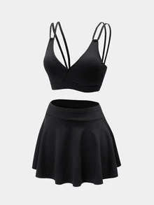 Easithlete Easithlete Women's Solid Color Double Strap Tank Top And Skort Sports Set - Black - View 3