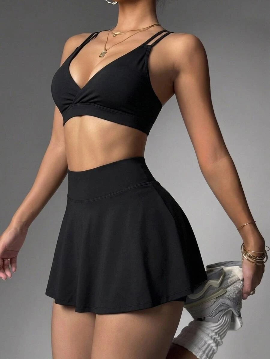 Easithlete Easithlete Women's Solid Color Double Strap Tank Top And Skort Sports Set - Black - View 1