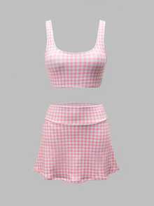SHEIN Sovereign Charm Setelan Olahraga Wanita: Tank Top Pendek dan Rok Celana Motif Kotak-kotak - Berwarna merah muda - View 7