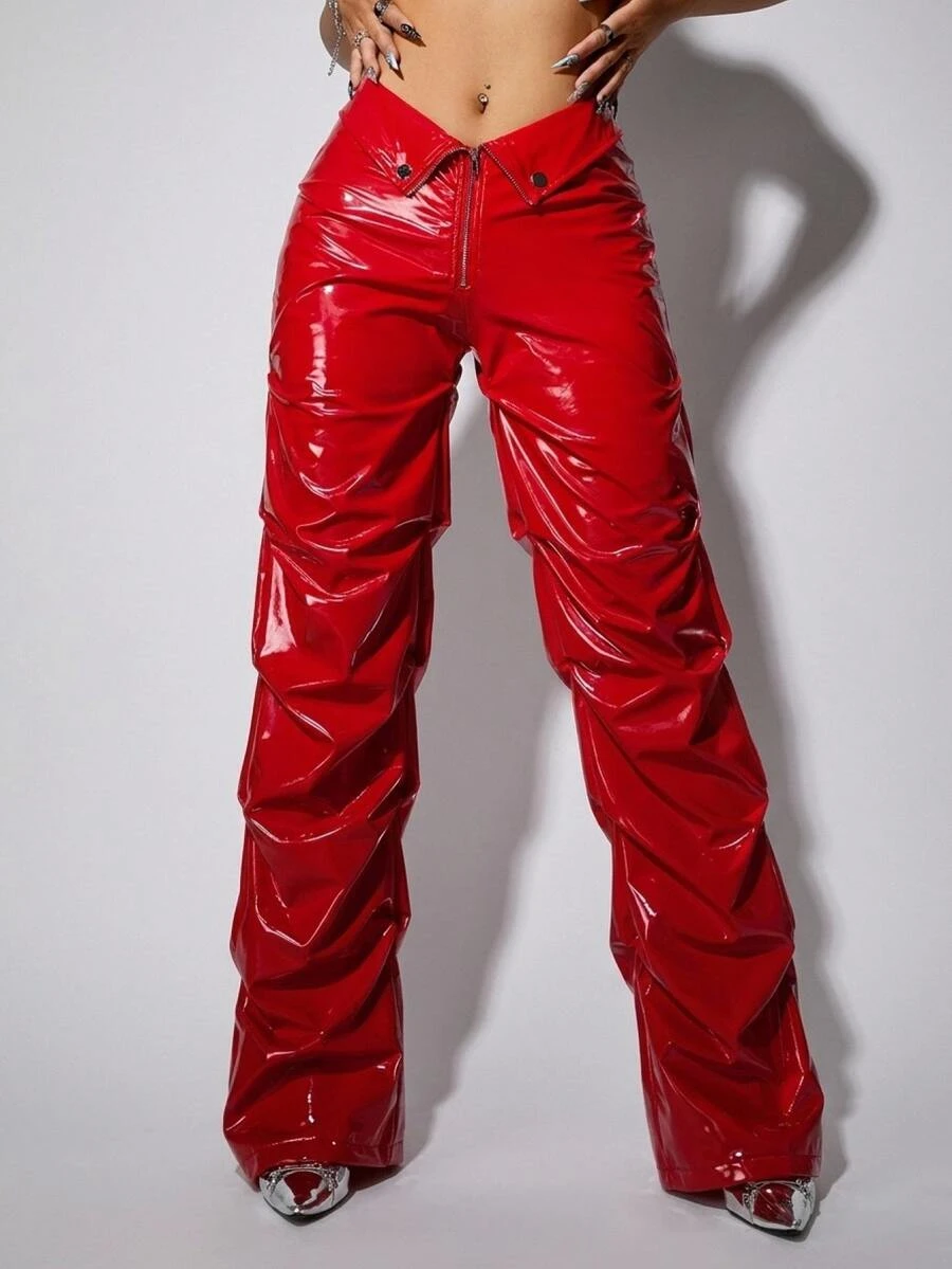 SHEIN ICON Y2k Red Fold-Over Low-Waist Slim-Fit Pu Long Pants - Red - View 1
