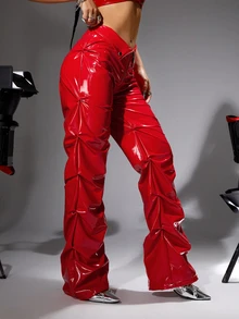 SHEIN ICON Y2k Red Fold-Over Low-Waist Slim-Fit Pu Long Pants - Red - View 4