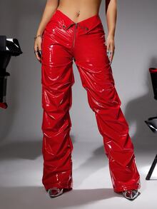 SHEIN ICON Y2k Red Fold-Over Low-Waist Slim-Fit Pu Long Pants - Red - View 5