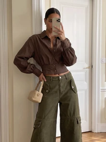 AiiRZ Cropped Button-Down Shirt With Puff Long Sleeves And Classic Collar Fitted Waist Corset-Style Hem Fall Winter Chic Top - Brown - View 1
