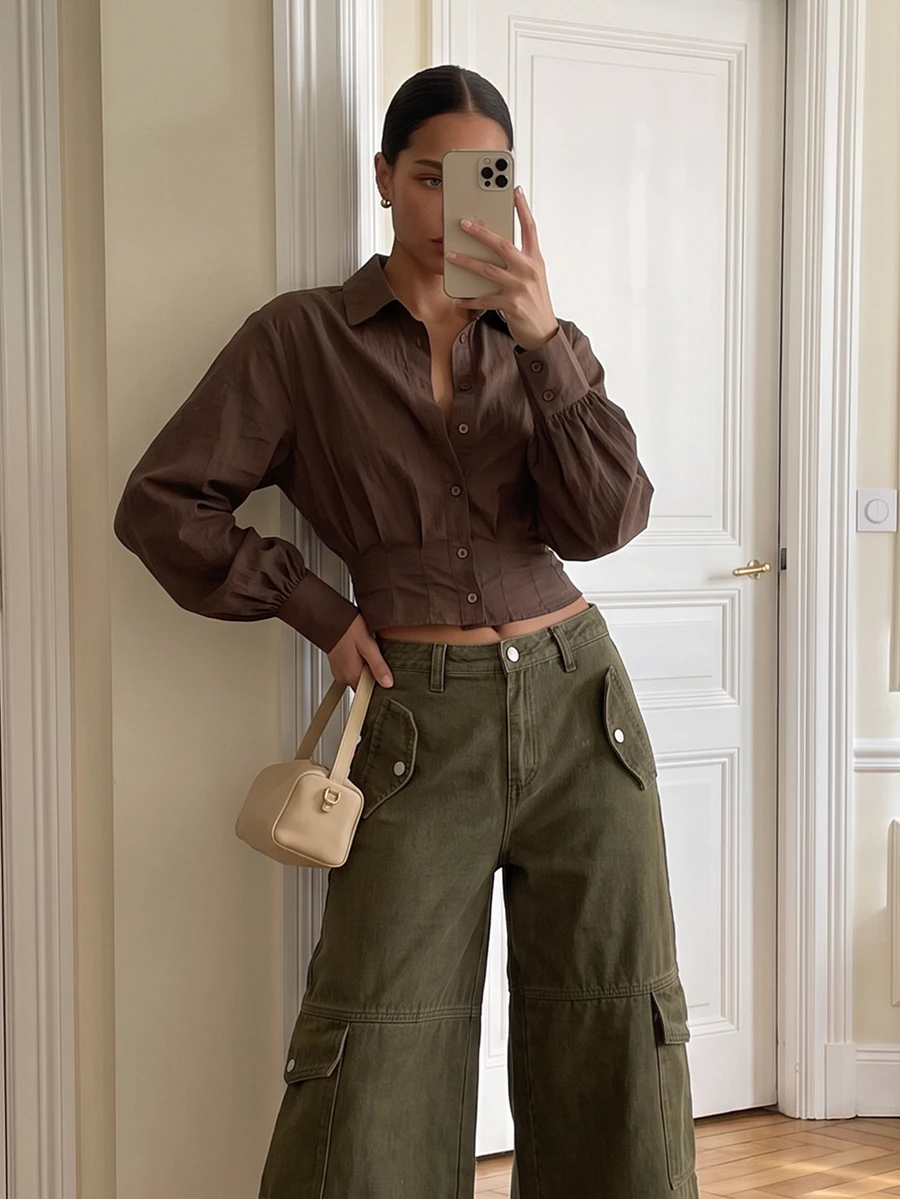 AiiRZ Cropped Button-Down Shirt With Puff Long Sleeves And Classic Collar Fitted Waist Corset-Style Hem Fall Winter Chic Top - Brown - View 1