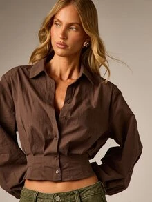 AiiRZ Cropped Button-Down Shirt With Puff Long Sleeves And Classic Collar Fitted Waist Corset-Style Hem Fall Winter Chic Top - Brown - View 2