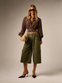 AiiRZ Cropped Button-Down Shirt With Puff Long Sleeves And Classic Collar Fitted Waist Corset-Style Hem Fall Winter Chic Top - Brown - View 4