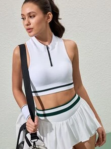 CourtClass CourtClass 女士前半拉链罗纹运动文胸 - 白色 - 查看 6