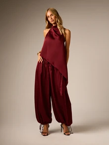 AiiRZ Satin Halter Neck Blouse And Wide Leg Balloon Pants Co-Ord Set With Asymmetric Hem And Elasticated Ankle Detail - Burgundy - View 5