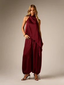 AiiRZ Satin Halter Neck Blouse And Wide Leg Balloon Pants Co-Ord Set With Asymmetric Hem And Elasticated Ankle Detail - Burgundy - View 6