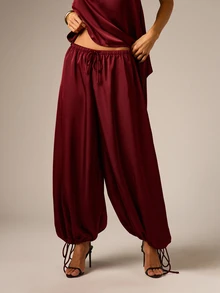 AiiRZ Satin Halter Neck Blouse And Wide Leg Balloon Pants Co-Ord Set With Asymmetric Hem And Elasticated Ankle Detail - Burgundy - View 4