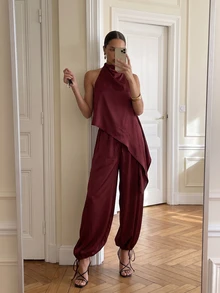 AiiRZ Satin Halter Neck Blouse And Wide Leg Balloon Pants Co-Ord Set With Asymmetric Hem And Elasticated Ankle Detail - Burgundy - View 1