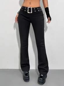 SHEIN ICON Low Rise Grommet Eyelet Belted Ring Flare Leg Trousers - Black - View 7
