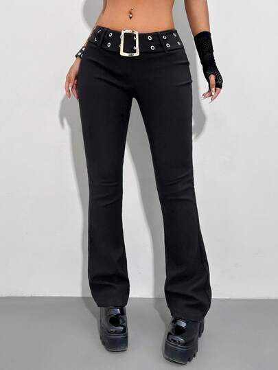 SHEIN ICON Low Rise Grommet Eyelet Belted Ring Flare Leg Trousers