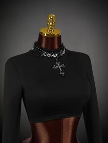 SHEIN ICON 黑色 Gorpcore 立領拇指孔字母 T 恤 - 黑色 - 查看 4