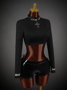 SHEIN ICON 黑色 Gorpcore 立領拇指孔字母 T 恤 - 黑色 - 查看 6