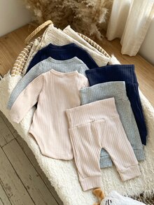 SHEIN 6Pcs Newborn Cotton‑Blend Ribbed Knit Fall Outfits, Wrap Front Bodysuit + High Waist Belly‑Cover Pants, Soft Breathable Casual 2‑Piece Set - Multicolor - View 2