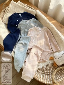 SHEIN 6Pcs Newborn Cotton‑Blend Ribbed Knit Fall Outfits, Wrap Front Bodysuit + High Waist Belly‑Cover Pants, Soft Breathable Casual 2‑Piece Set - Multicolor - View 9
