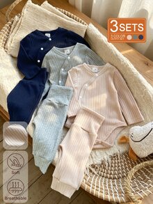SHEIN 6Pcs Newborn Cotton‑Blend Ribbed Knit Fall Outfits, Wrap Front Bodysuit + High Waist Belly‑Cover Pants, Soft Breathable Casual 2‑Piece Set - Multicolor - View 1