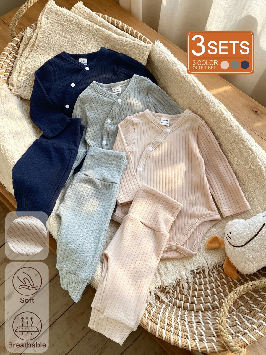 SHEIN 6Pcs Newborn Cotton‑Blend Ribbed Knit Fall Outfits, Wrap Front Bodysuit + High Waist Belly‑Cover Pants, Soft Breathable Casual 2‑Piece Set - Multicolor - View 1