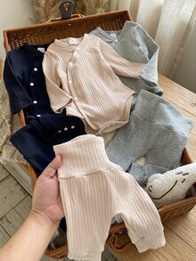 SHEIN 6Pcs Newborn Cotton‑Blend Ribbed Knit Fall Outfits, Wrap Front Bodysuit + High Waist Belly‑Cover Pants, Soft Breathable Casual 2‑Piece Set - Multicolor - View 3