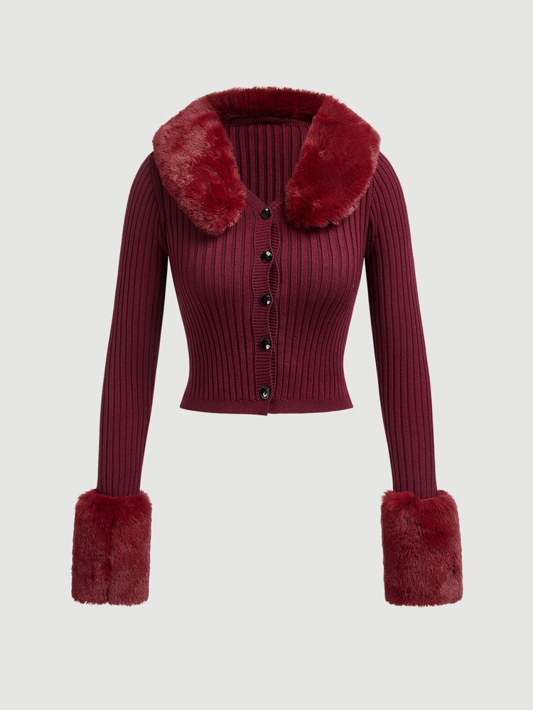 SHEIN ICON Women's Fluffy Burgundy Borg Collar Fuzzy Cuff Tight Cut Black Long Sleeves Cardigan,Long Sleeve Tops In Fall/Winter,Red Top,Christmas Sweater - Burgundy - View 6