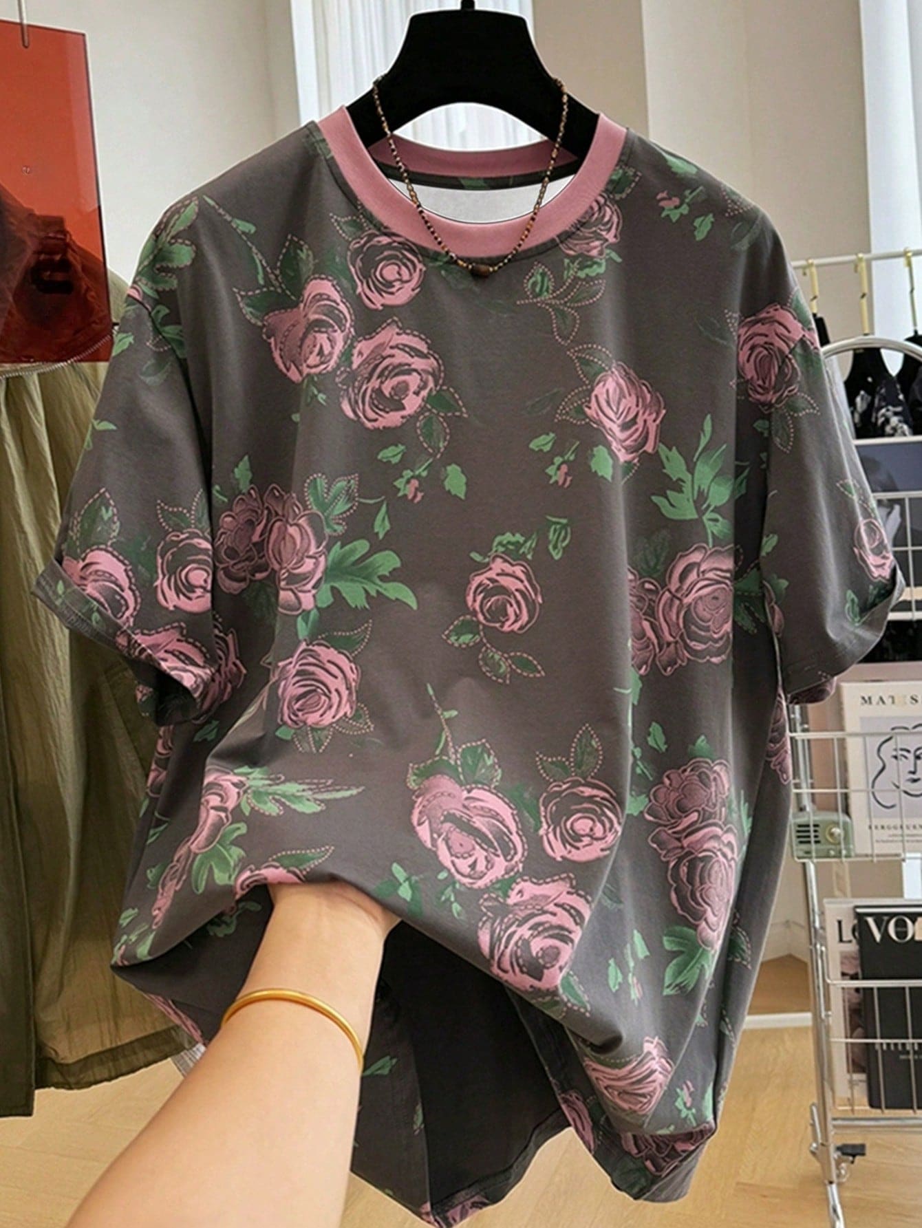 INAWLY Plus Size Women's All Over Print Casual Elegant T-Shirt, Comfortable Spring/Summer Formal Homewear Light Pink - Dark Grey - View 1