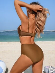 Swim Lushoire 2pcs Coffee Swimwear Set,High Waist Bikini Set With Front Twist Bow,Cute Summer Beach Holiday Bathing Suits,Solid Color Two Pieces Set - Coffee Brown - View 2
