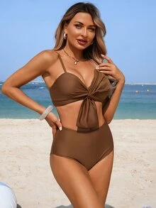Swim Lushoire 2pcs Coffee Swimwear Set,High Waist Bikini Set With Front Twist Bow,Cute Summer Beach Holiday Bathing Suits,Solid Color Two Pieces Set - Coffee Brown - View 3