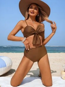 Swim Lushoire 2pcs Coffee Swimwear Set,High Waist Bikini Set With Front Twist Bow,Cute Summer Beach Holiday Bathing Suits,Solid Color Two Pieces Set - Coffee Brown - View 5