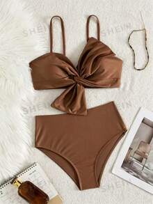 Swim Lushoire 2pcs Coffee Swimwear Set,High Waist Bikini Set With Front Twist Bow,Cute Summer Beach Holiday Bathing Suits,Solid Color Two Pieces Set - Coffee Brown - View 7