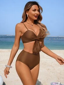Swim Lushoire 2pcs Coffee Swimwear Set,High Waist Bikini Set With Front Twist Bow,Cute Summer Beach Holiday Bathing Suits,Solid Color Two Pieces Set - Coffee Brown - View 4