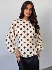 Firerie Women Retro 70s Brown And White Polka Dot Round Neck Batwing Sleeve Cinched Waist Shirt, Chic Teacher,Work Office Teachers' Day Autumn - White - View 1