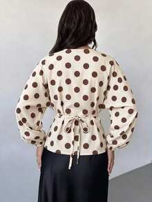 Firerie Women Retro 70s Brown And White Polka Dot Round Neck Batwing Sleeve Cinched Waist Shirt, Chic Teacher,Work Office Teachers' Day Autumn - White - View 2