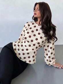 Firerie Women Retro 70s Brown And White Polka Dot Round Neck Batwing Sleeve Cinched Waist Shirt, Chic Teacher,Work Office Teachers' Day Autumn - White - View 6