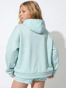 SHEIN 青少年女孩薄荷綠、淺藍、白色波點、粉色印花抓絨連帽套頭衛衣，落肩寬鬆休閒版型，抓絨內裡保暖，自然慵懶街頭酷風，適合校園、秋季穿搭、萬聖節與聖誕節 - 藍色 - 查看 6
