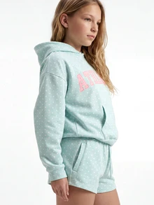 SHEIN 青少年女孩薄荷綠、淺藍、白色波點、粉色印花抓絨連帽套頭衛衣，落肩寬鬆休閒版型，抓絨內裡保暖，自然慵懶街頭酷風，適合校園、秋季穿搭、萬聖節與聖誕節 - 藍色 - 查看 4