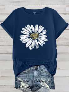 EMERY ROSE Camiseta de manga corta con cuello redondo y estampado de margaritas para mujer de talla grande - Azul Marino - Ver 1