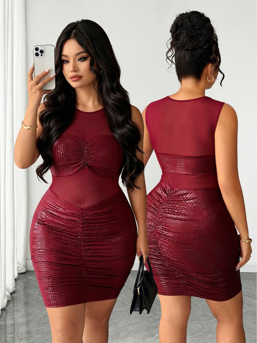 Elenzga Plus Size Women's Autumn/Winter New Burgundy Fish Pattern Mesh ...
