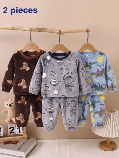 Young Boys Pajamas Autumn/Winter New UV Light Activated Glow-In-The-Dark Starry Sky Astronaut Pattern All-Over Print Skin-Friendly Warm Thermal Lined Thick Plush Crew Neck Long Sleeve Top + Pants 2 Pieces Set Loungewear 1Set