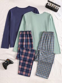 青少年男孩灰色格紋印花長袖上衣與長褲 4 件式休閒居家服套裝 - 彩色 - 查看 3