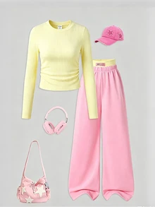2pcs/Set Girls Dopamine Colorblock Outfit, Cream Yellow Ribbed Ruched Short Long Sleeve Top With Pink High Waist Flared Pants, Versatile Korean Sweet Style For School, Outings And Casual Wear - Yellow - View 5