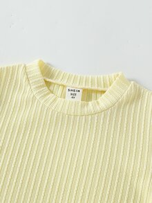 2pcs/Set Girls Dopamine Colorblock Outfit, Cream Yellow Ribbed Ruched Short Long Sleeve Top With Pink High Waist Flared Pants, Versatile Korean Sweet Style For School, Outings And Casual Wear - Yellow - View 3