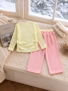 2pcs/Set Girls Dopamine Colorblock Outfit, Cream Yellow Ribbed Ruched Short Long Sleeve Top With Pink High Waist Flared Pants, Versatile Korean Sweet Style For School, Outings And Casual Wear - Yellow - View 2